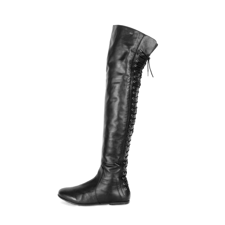 Ultra-flat over-the-knee boots with lacing (model 108) black leather