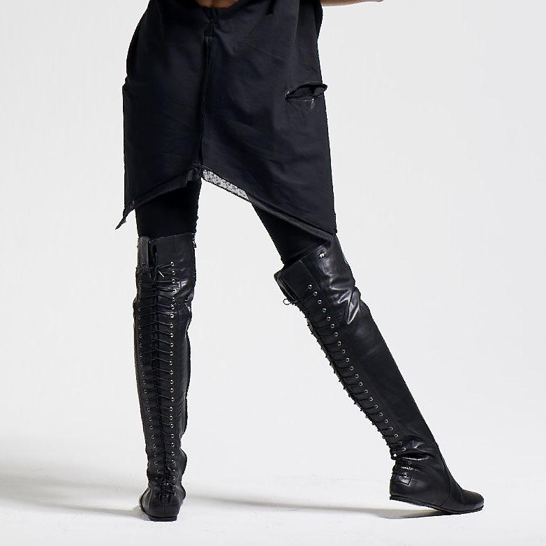 Ultra-flat over-the-knee boots with lacing (model 108) leather bordeaux