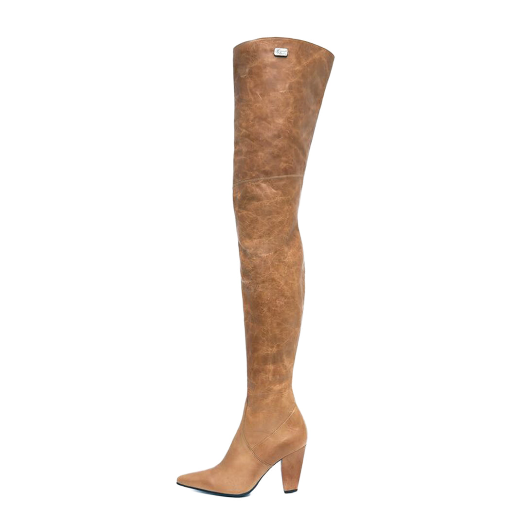 Crotch high boots block heel (model 112) leather camel