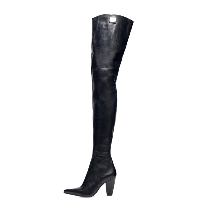 Pointed thigh high boots with block heel (model 112) black leather
