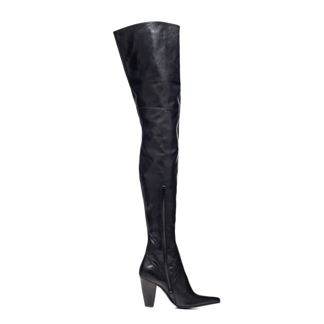 Pointed thigh high boots with block heel (model 112) suede black
