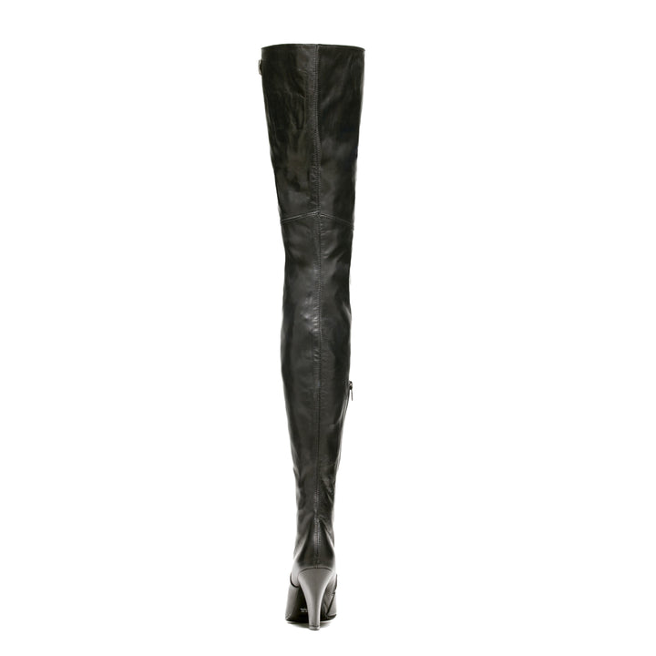 Pointed thigh high boots with block heel (model 112) black leather