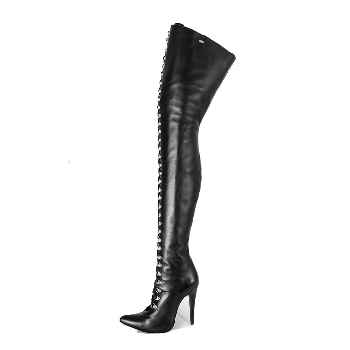 Thigh high boots with lacing and high heels (model 116) leather black