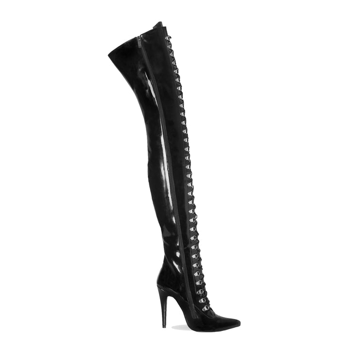 Thigh high boots with lacing and high heels (model 116) vinyl black