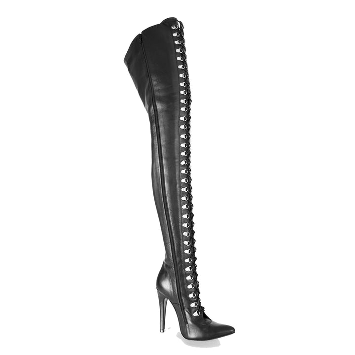 Overkneestiefel mit Schnürung und High Heels (Modell 116) Leder schwarz