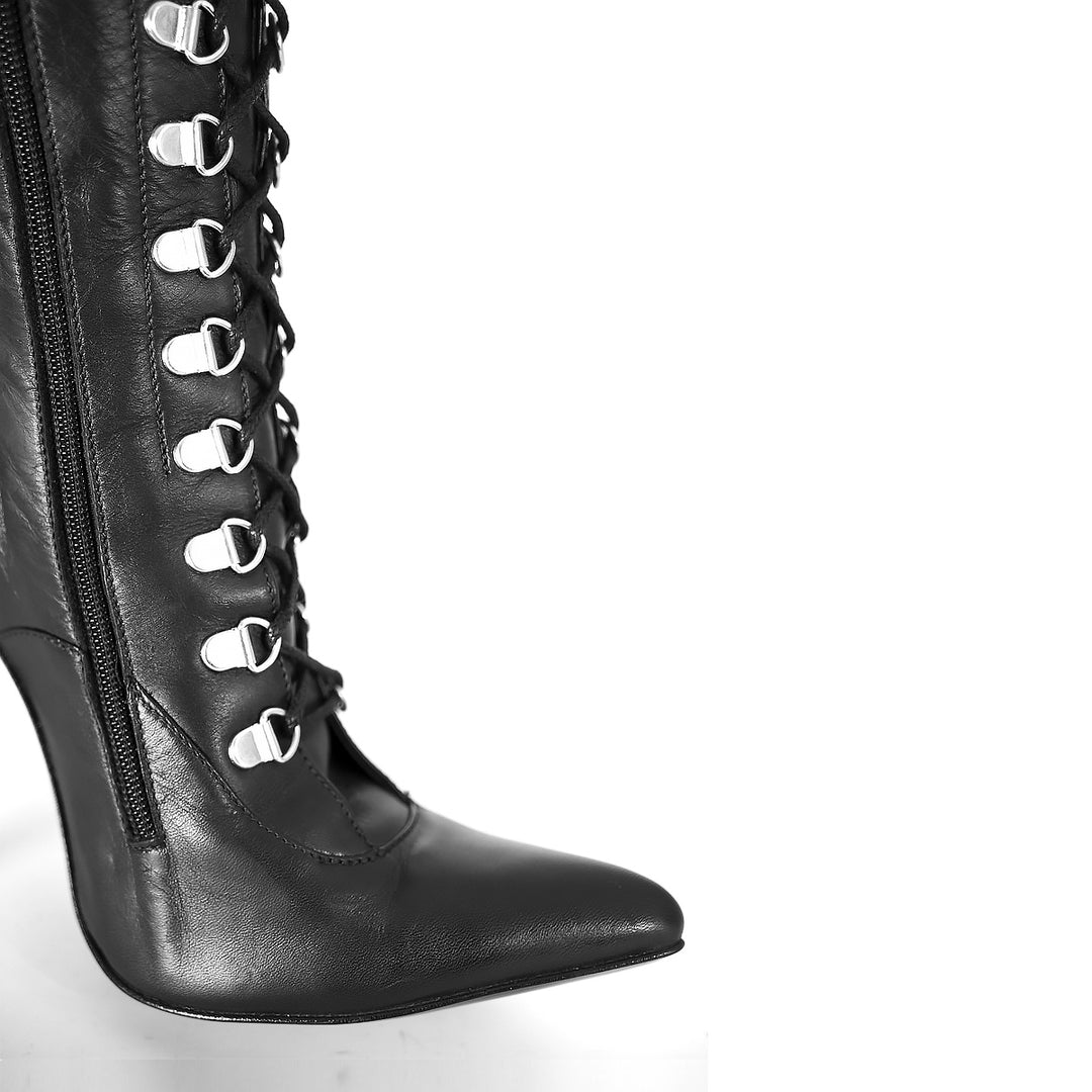 Thigh high boots with lacing and high heels (model 116) leather black