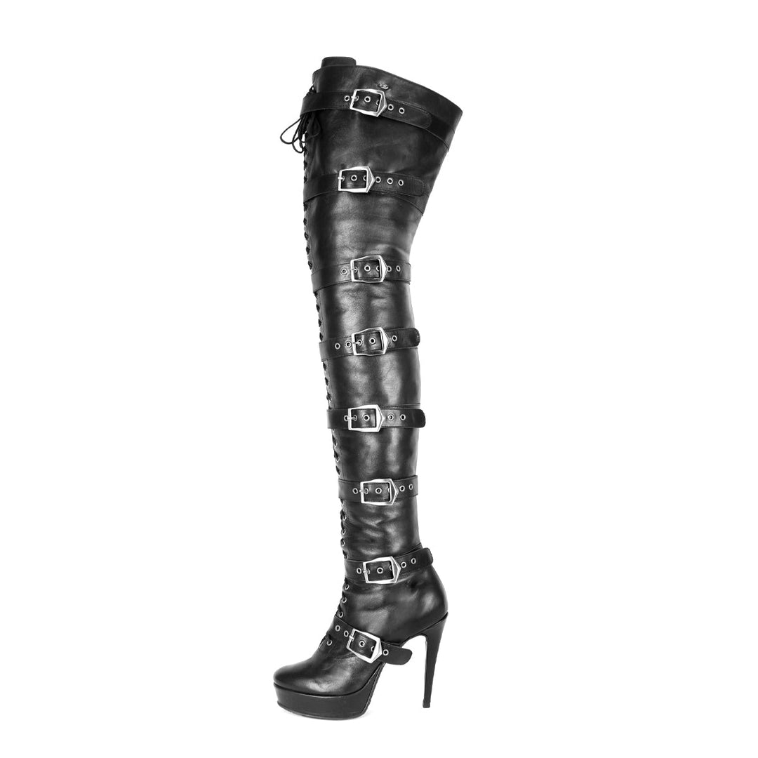 Thigh-high boots with buckles and stiletto heel (model 117) vinyl black