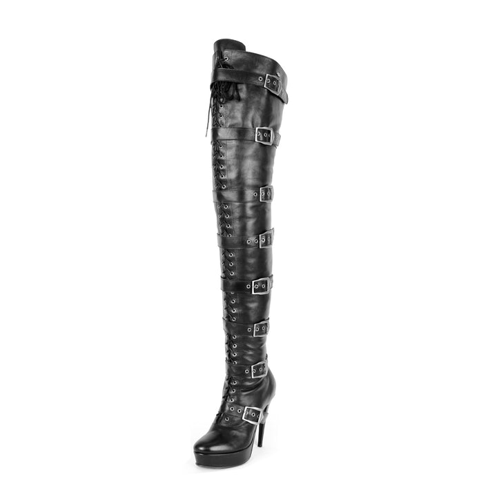 Thigh-high boots with buckles and stiletto heel (model 117) leather black 