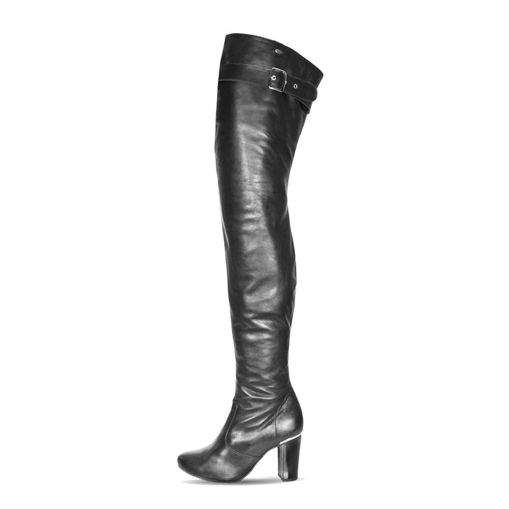 Thigh high boots with block heel and buckle (model 118) leather white