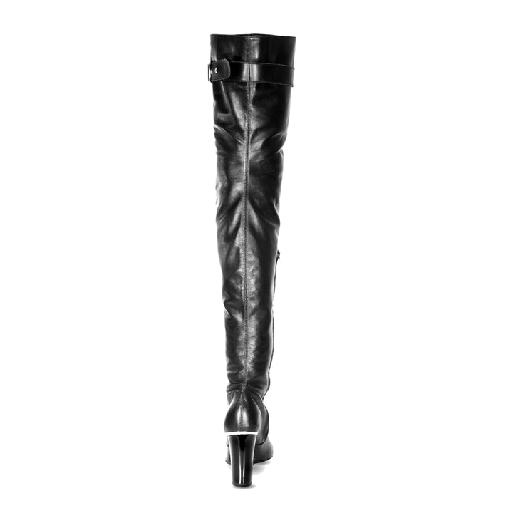 Overkneestiefel mit Blockabsatz und Schnalle (Modell 118) Leder schwarz