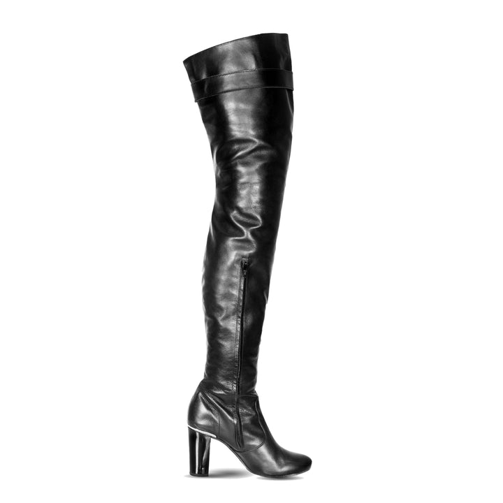 Thigh high boots with block heel and buckle (model 118) leather black