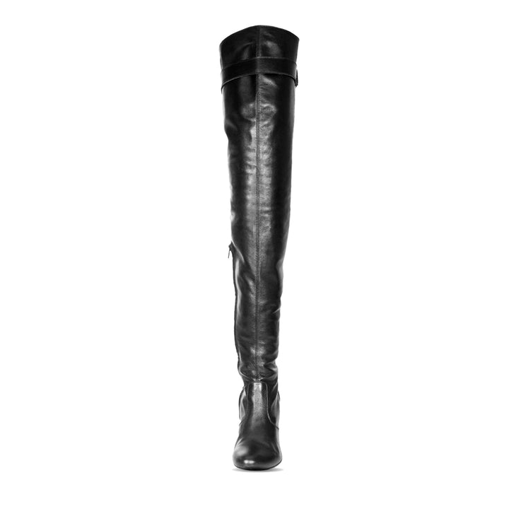 Thigh high boots with block heel and buckle (model 118) leather grey