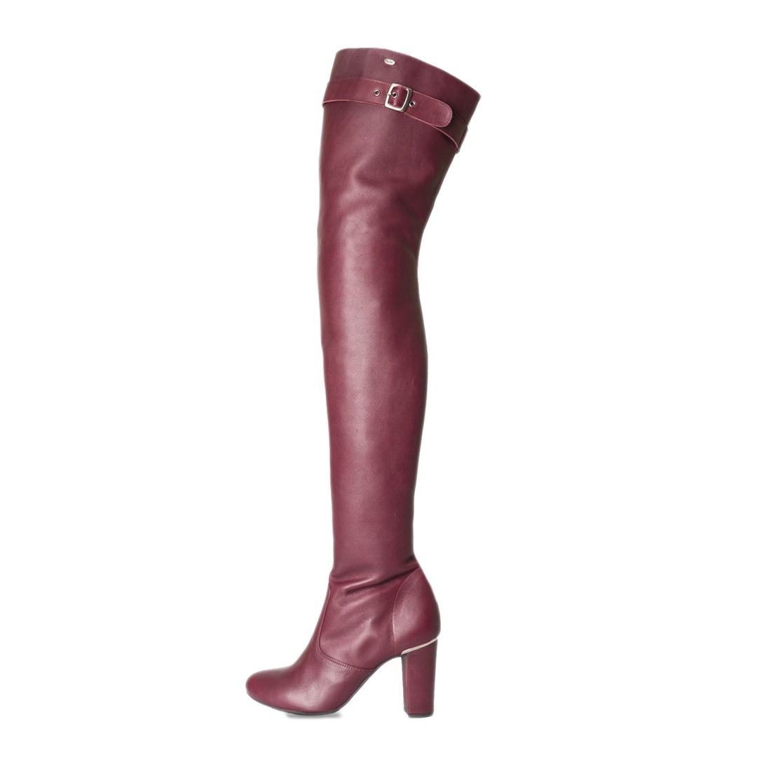 Thigh high boots with block heel and buckle (model 118) leather bordeaux