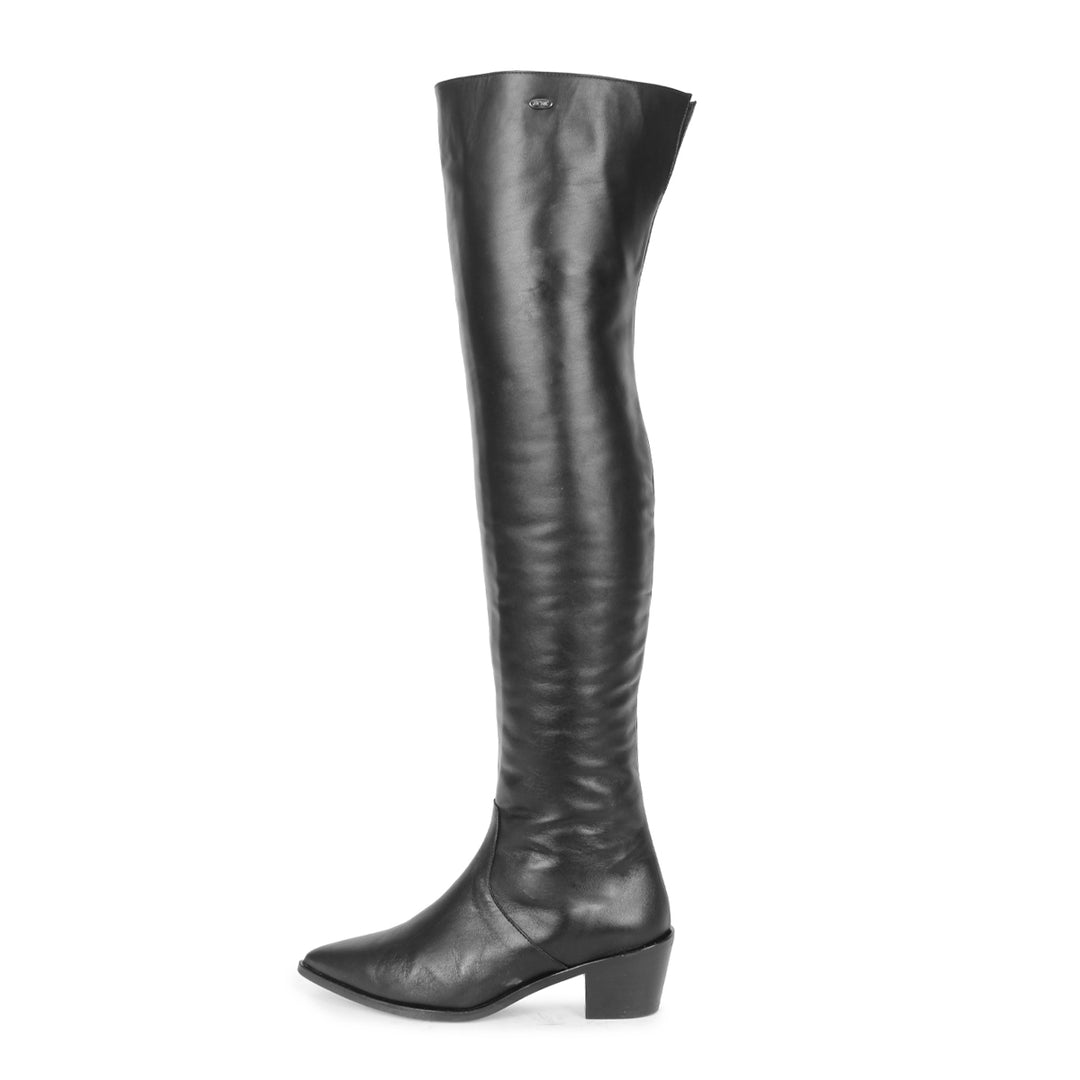 PREORDER Spitzer Overkneestiefel mit flachem Absatz (Modell 180) Leder schwarz