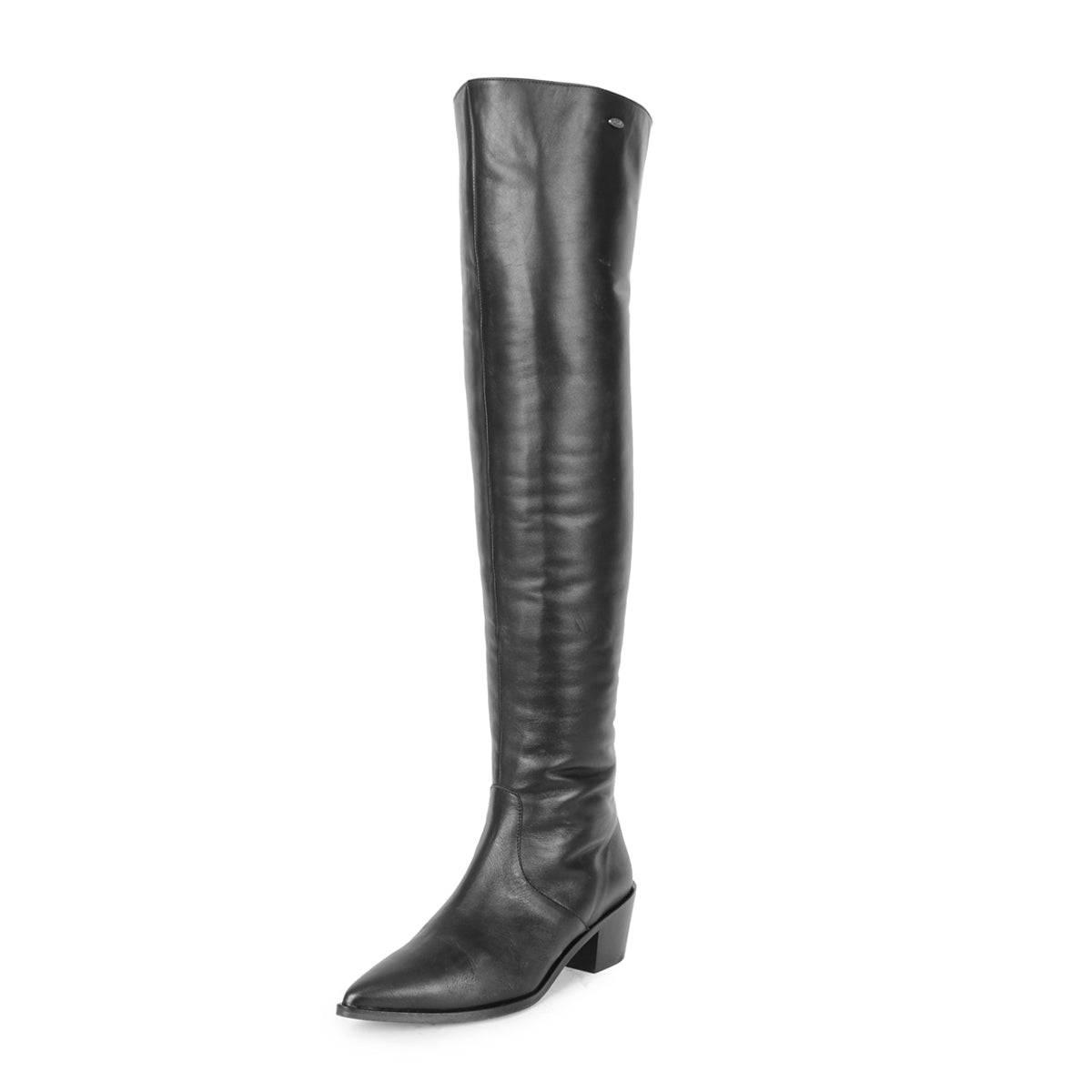 Pointed thigh high boots with flat heel modell 180 leather black