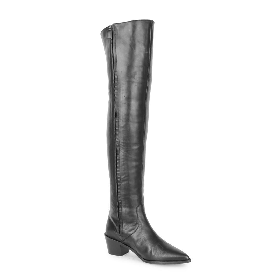 PREORDER Pointed thigh high boots with flat heel (modell 180) leather black