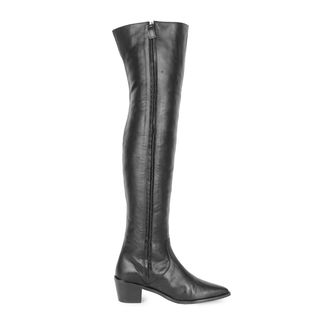 PREORDER Spitzer Overkneestiefel mit flachem Absatz (Modell 180) Veloursleder schwarz