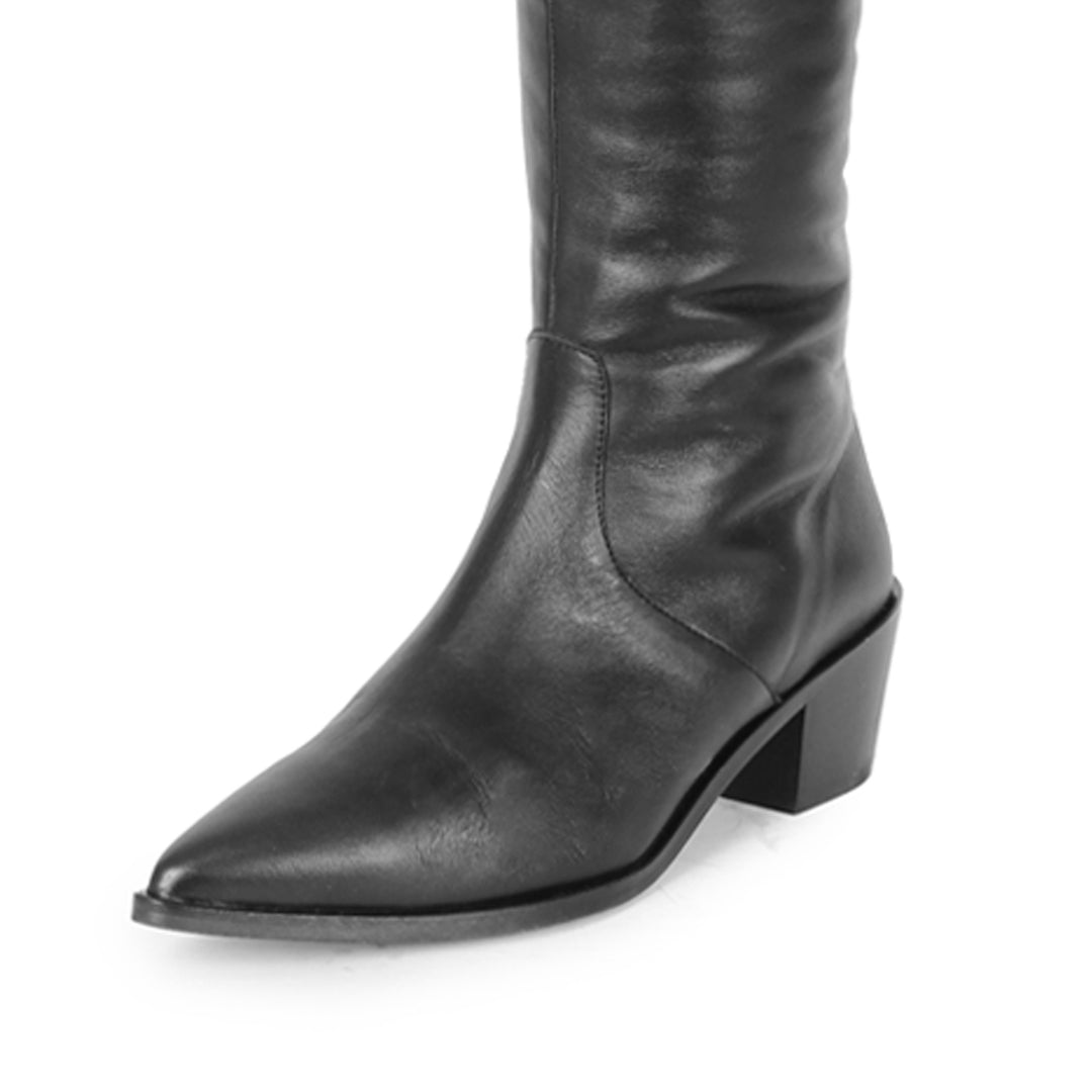 PREORDER Pointed thigh high boots with flat heel (model 180) leather marron