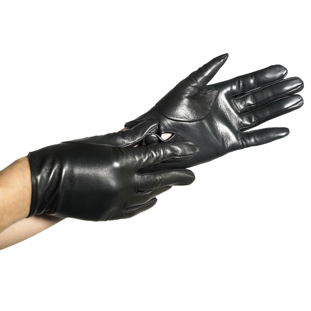 Short leather gloves with button (model 210) black leather