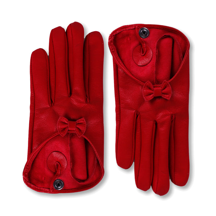 Short leather gloves with bow (model 213) leather red