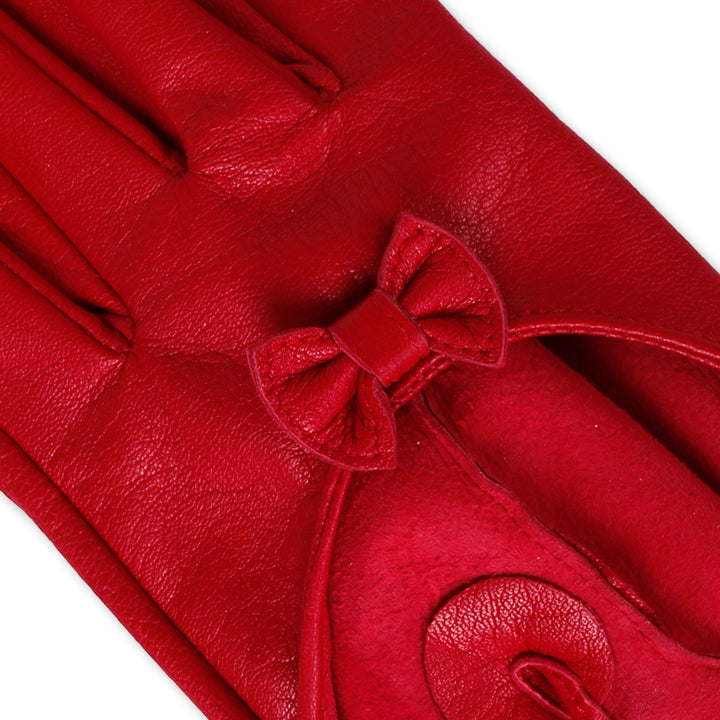 Short leather gloves with bow (model 213) leather red