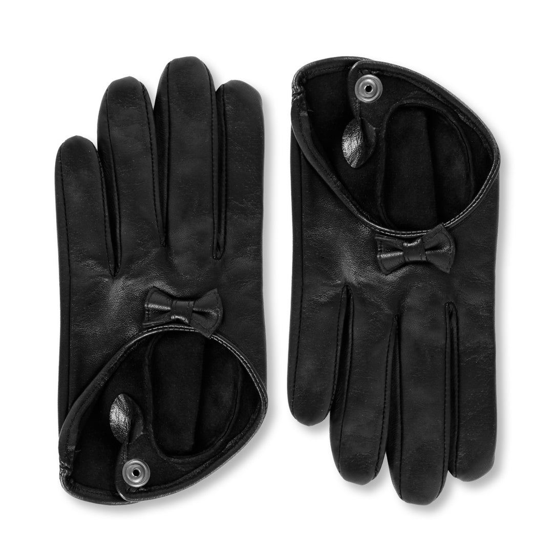 Short leather gloves with bow (model 213) black leather