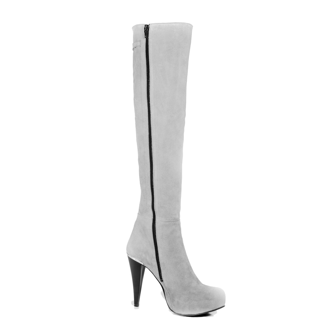 Over-the-knee boots with platform (model 306) suede light grey