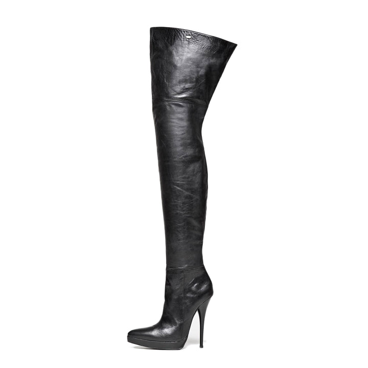 Thigh high boots with stiletto heels and platform (model 310) black leather