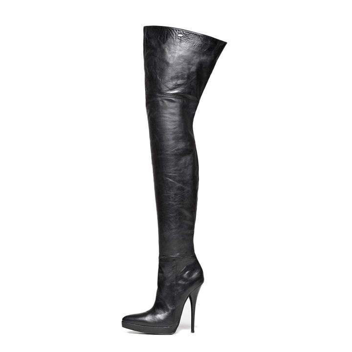 Thigh high boots with stiletto heels and platform (model 310) leather ivory