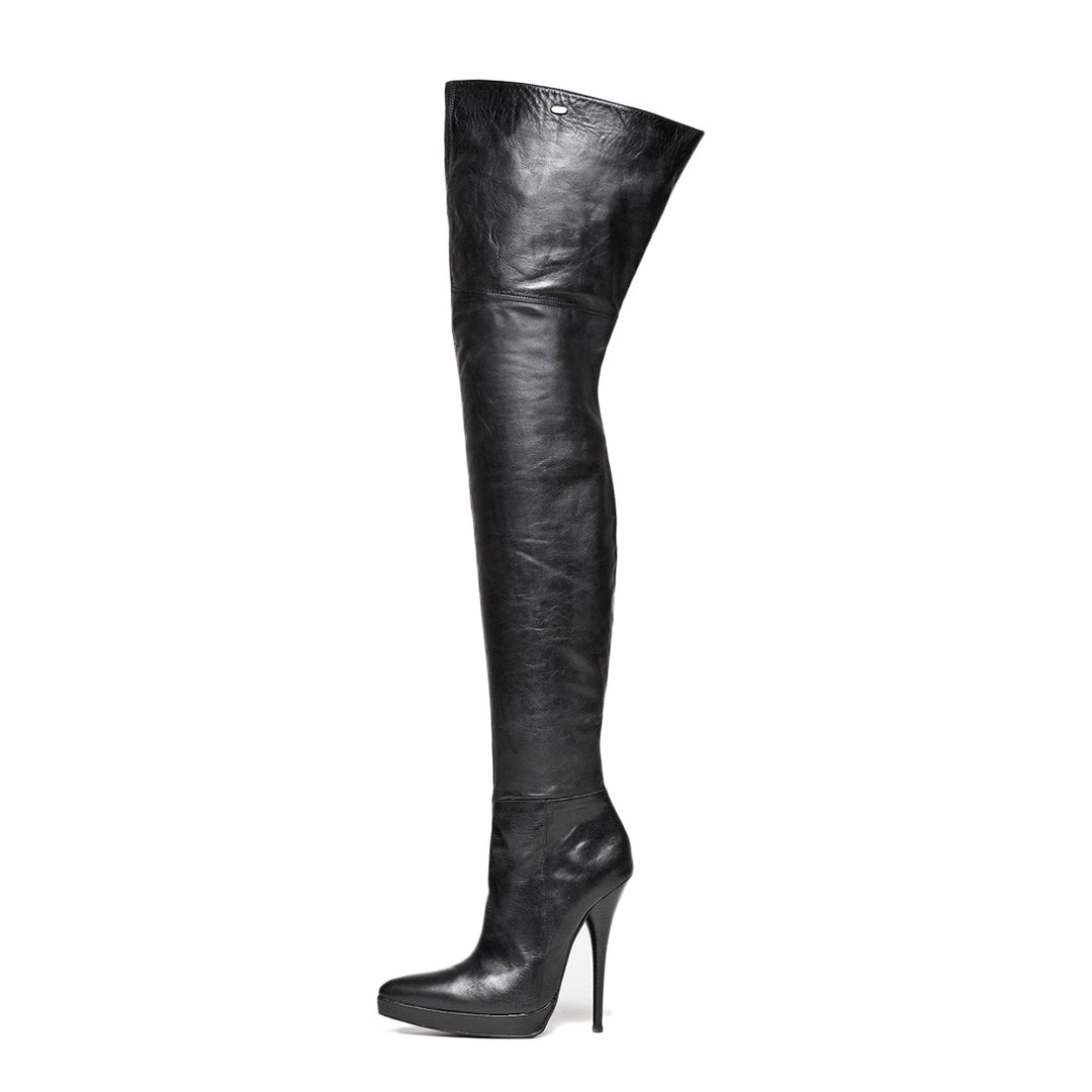Thigh high boots with stiletto heels and platform (model 310) leather grey