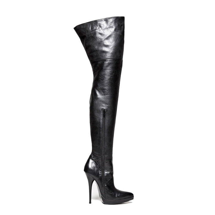 Thigh high boots with stiletto heels and platform (model 310) vinyl black