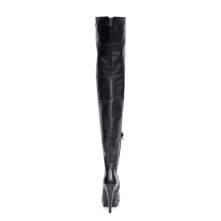 High heel thigh high boots with platform (model 312) leather black