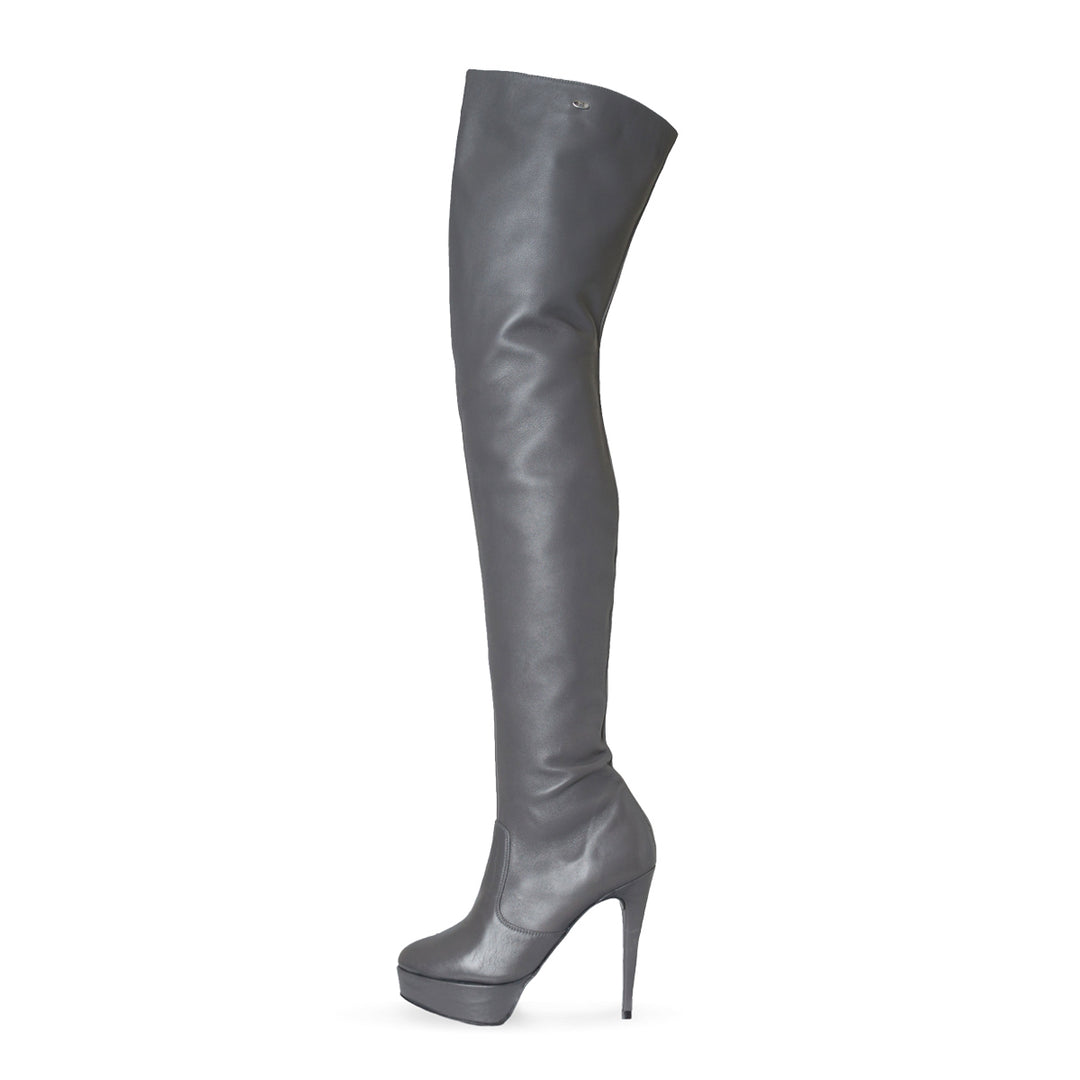 Thigh high boots with contrast details (model 317) leather grey