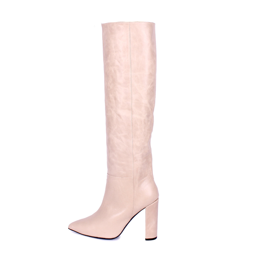 Knee-high boots with wide shaft and block heel (model 340) leather ivory