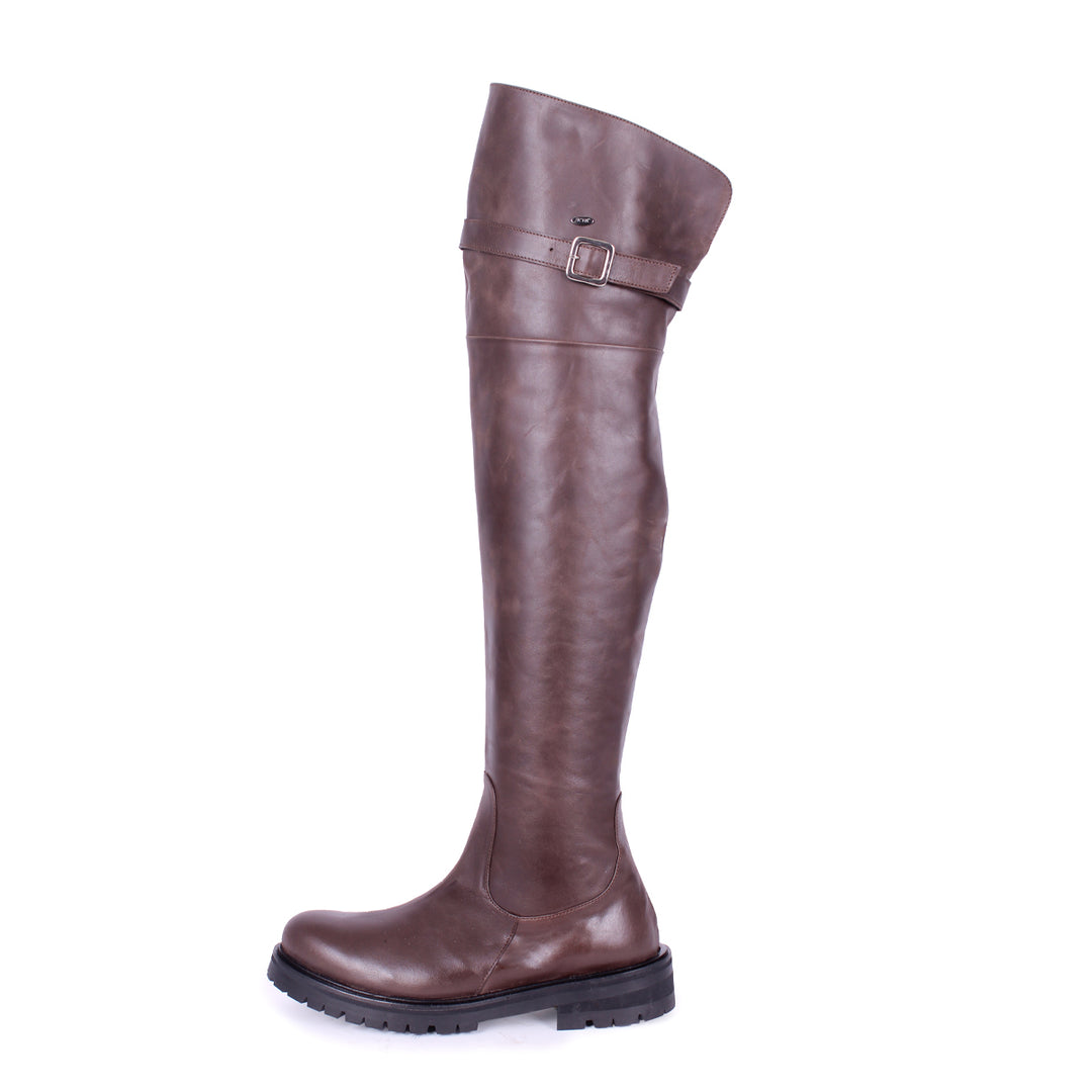 Overkneestiefel mit Profilsohle und Schnalle (Modell 350) Leder marron