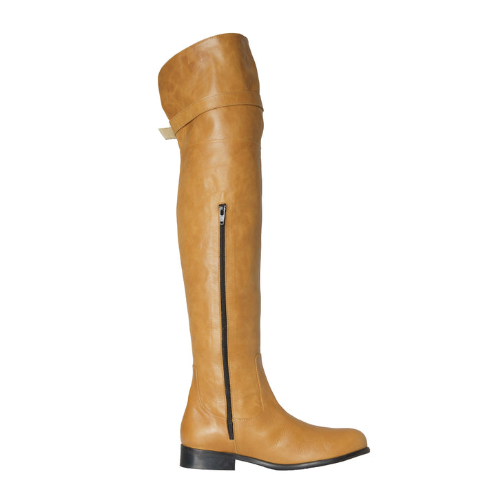 Flat over-the-knee boots with strap (model 350) leather camel