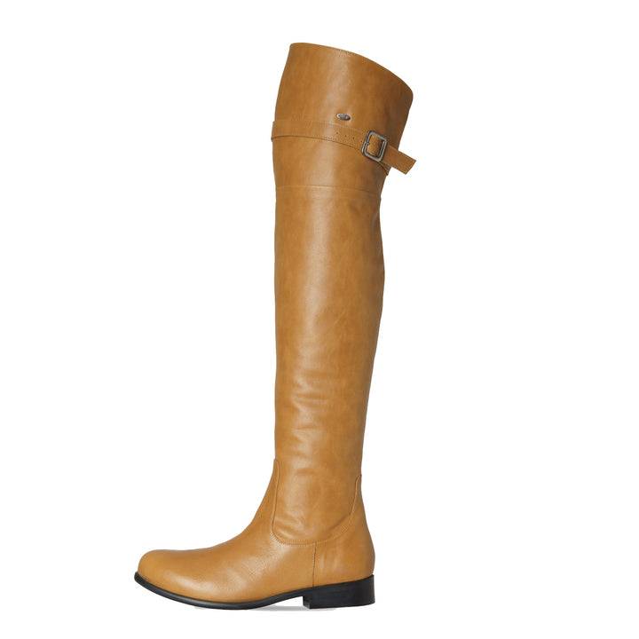 Flat over-the-knee boots with strap (model 350) leather camel