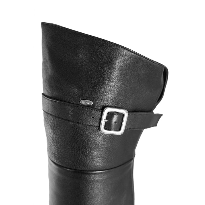 Flacher Overkneestiefel mit Schnalle (Modell 350) Veloursleder schwarz