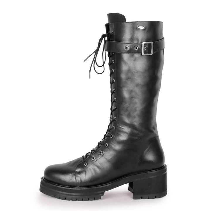 Combat/Gothic style calf-high boots (model 370) black leather