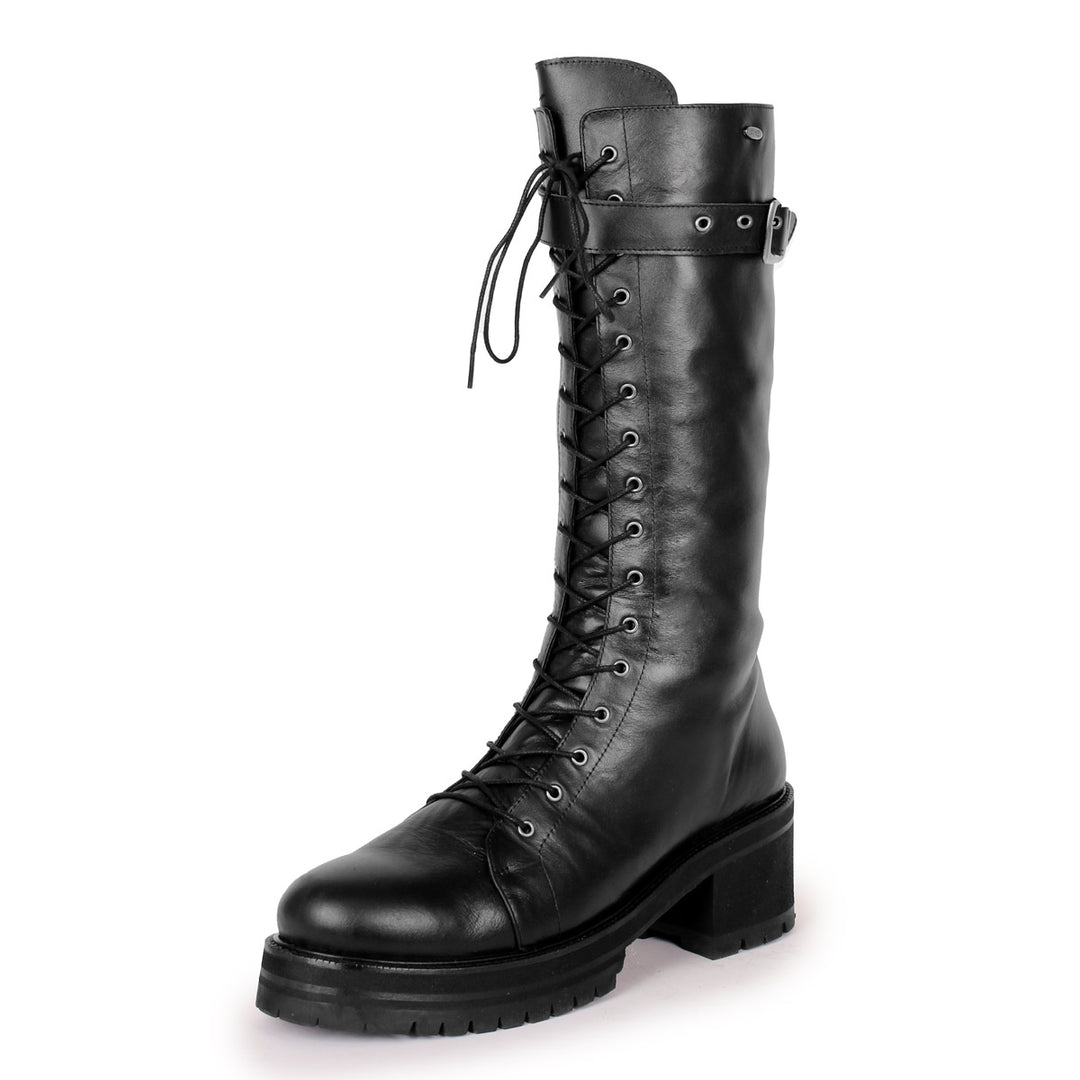 Combat/Gothic style calf-high boots (model 370) leather Marron
