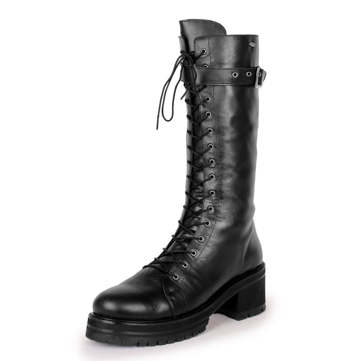 Combat/Gothic style calf-high boots (model 370) black leather