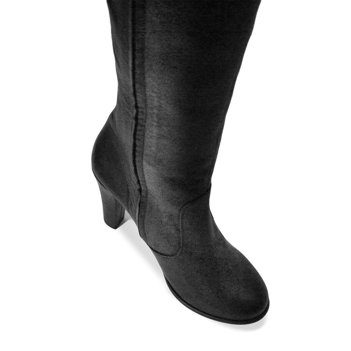 Thigh high boot with wide heel and lacing (model 502) black leather