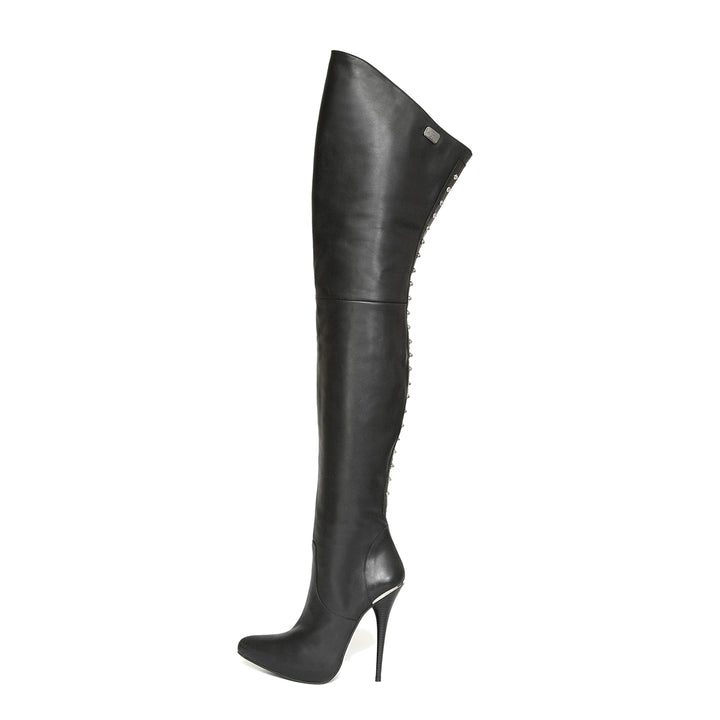 High heel thigh high boots with rivets (model 510) leather grey