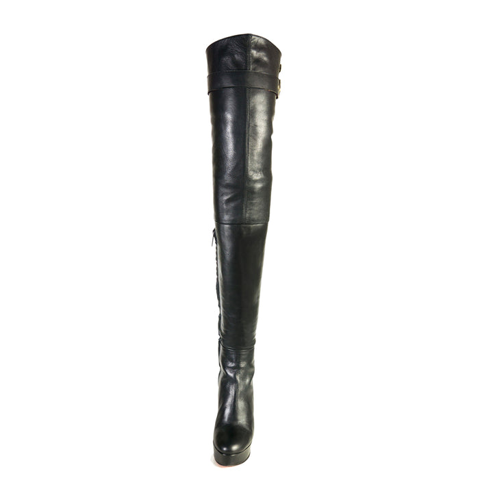 Overkneestiefel mit Blockabsatz und Schnalle (Modell 517) Leder schwarz
