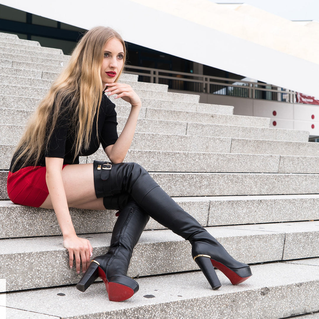 Thigh boots with block heel and buckle (model 517) leather black