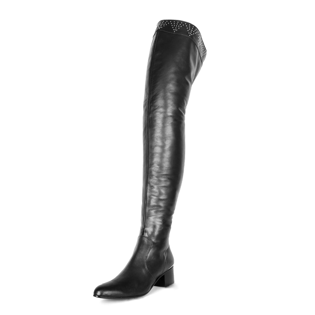 Thigh high boots with rivets and block heel (model 590) black leather