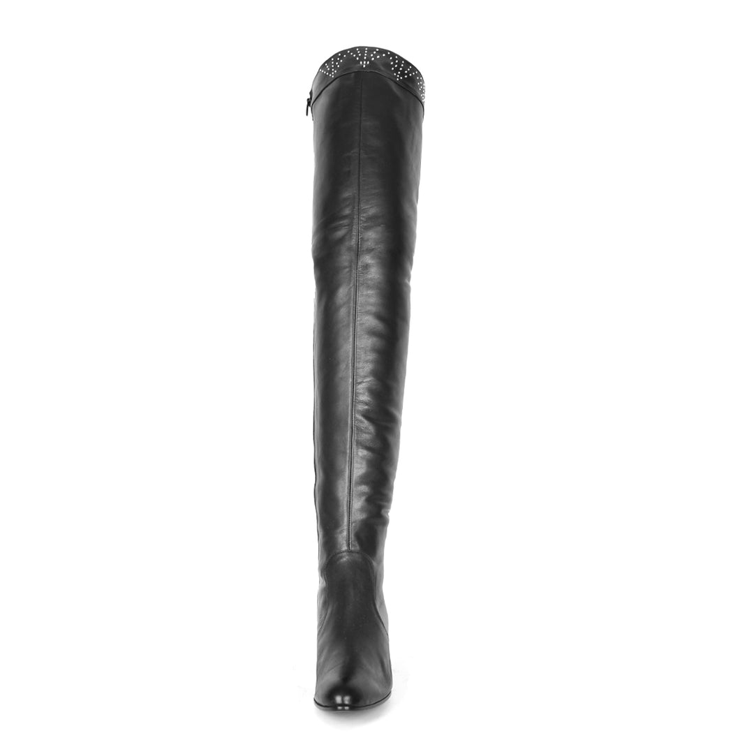 Overkneestiefel mit Nieten und Blockabsatz (Modell 590) Leder schwarz