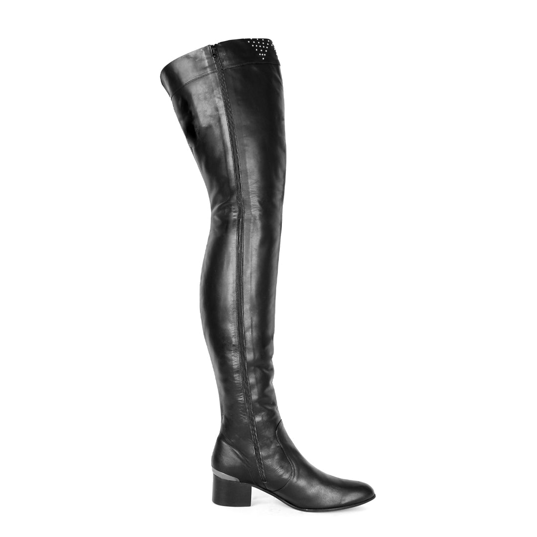 Thigh high boots with rivets and block heel (model 590) vinyl black