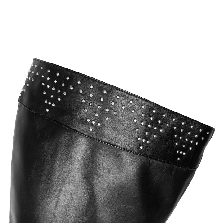 Thigh high boots with rivets and block heel (model 590) vinyl black