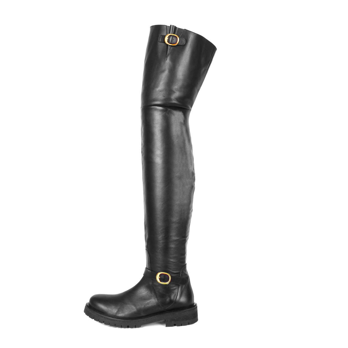 Flat thigh high boots with gold buckles model 609 leather black